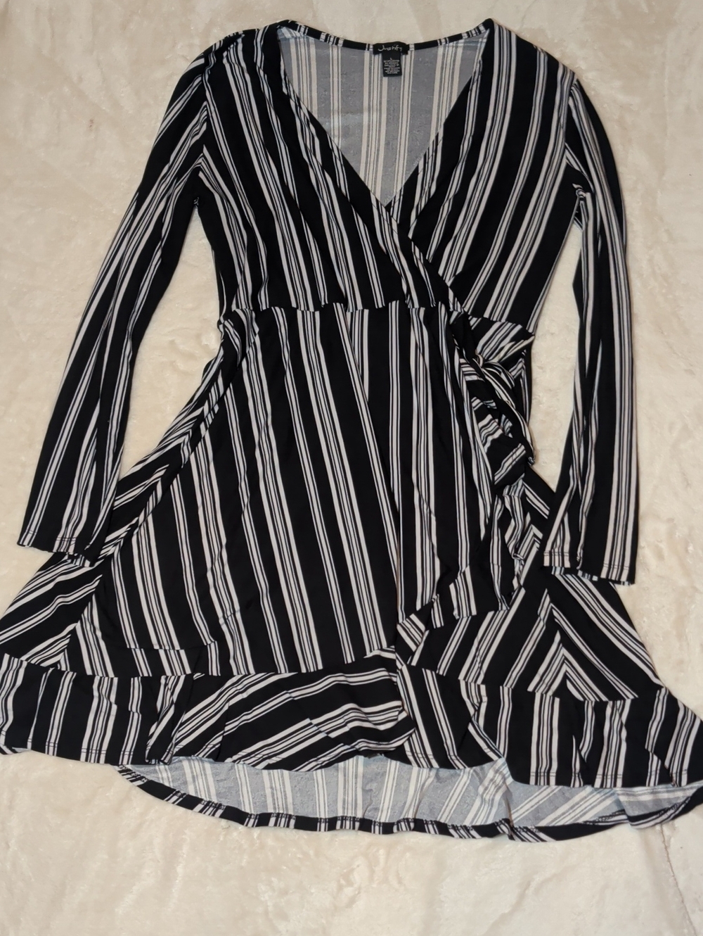 Justify Black and White Striped Wrap-Style Long Sleeve Dress